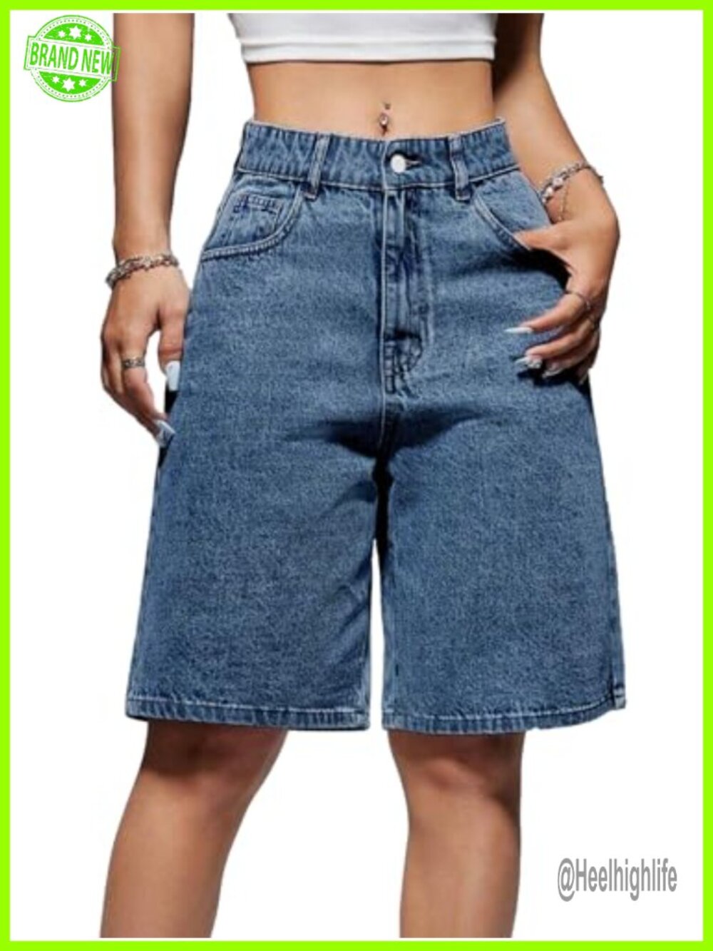Women's High Waisted Wide Leg Denim Bermuda Shorts Jorts Cotton